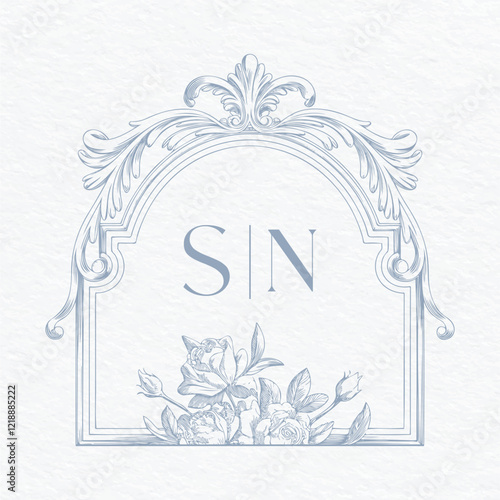 Vintage baroque Victorian border ornament frame monogram crest. Hand drawing vintage frame baroque style ornate design. Wedding crest monogram vector illustration.