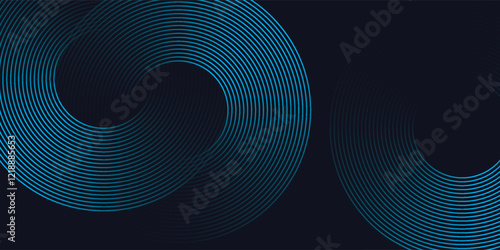 Modern dark blue abstract horizontal banner background with glowing geometric lines. Shiny blue diagonal rounded lines pattern. Futuristic concept. Suit for cover liquid wave