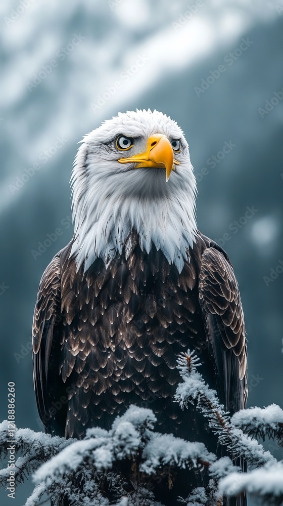 Majestic bald eagle perched on a snowy branch. Majestic bald eagle perched on a snowy branch.