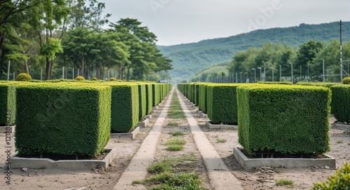 Wallpaper Mural Plain square shaped bushes lined up neatly along an open path Torontodigital.ca