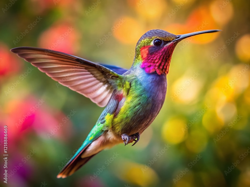 Fototapeta premium Colorful Hummingbird in Flight PNG, Vibrant Bird Photography, Nature Background