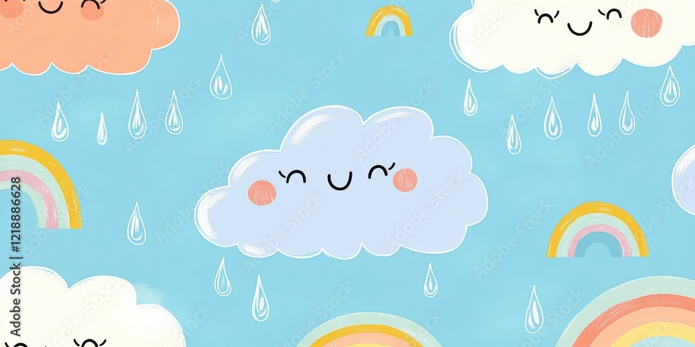 Whimsical cloud pattern with smiling raindrops and rainbows on blue background Whimsical cloud pattern with smiling raindrops and rainbows on blue background