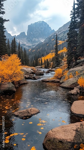 Autumnal stream flows through mountain valley