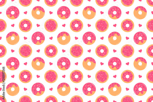 Seamless pattern of pink glazed donuts and little hearts. Tasty donuts vector background, wallpaper, print, cover, textile. Cute buns background for bakery menu, cafe. Valentines pattern