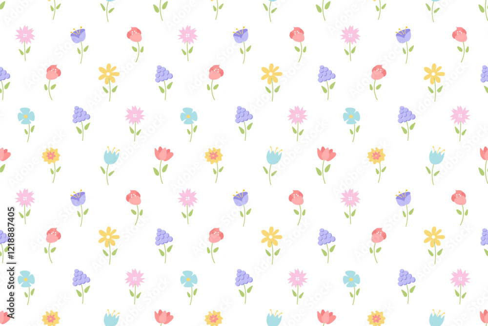 Hand drawn flowers seamless pattern. Simple cute flower background. Cute small flowers and leaves simple vintage style. Seamless pattern for textile, fabric print for girl baby, floral design art Hand drawn flowers seamless pattern. Simple cute flower background. Cute small flowers and leaves simple vintage style. Seamless pattern for textile, fabric print for girl baby, floral design art
