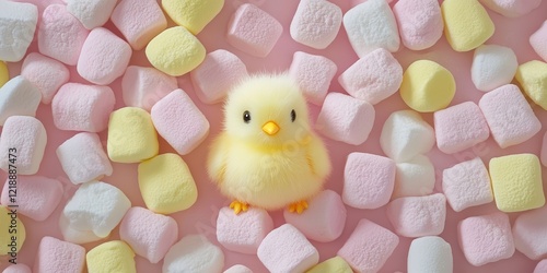 Adorable yellow chick surrounded by pastel marshmallows, evoking sweetness and joy photo