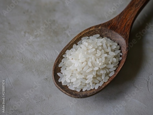 Close-up of rice grains on a wooden spoon. Featuring the texture and purity of uncooked rice. Emphasizing natural and wholesome food. Ideal for cooking blogs and recipe books. photo