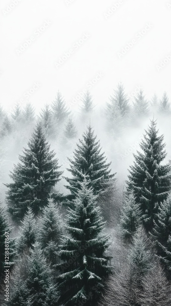 Snow-covered evergreens in a misty forest.