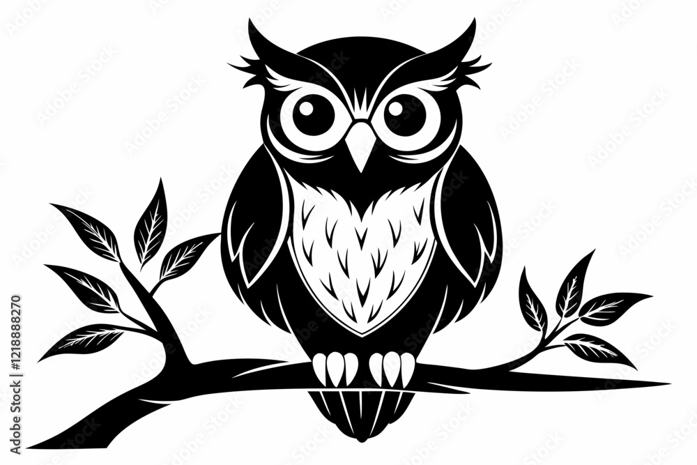 Fototapeta premium owl sitting on a-tree branch line art silhouette vector illustration