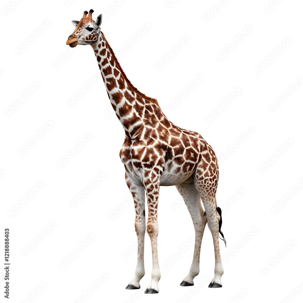 Naklejka premium Full-Length Giraffe Standing Upright with Brown and White Patterned Coat - Isolated on White Background.