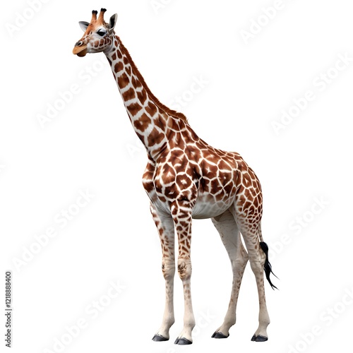 Full-Length Giraffe Standing Upright with Brown and White Patterned Coat - Isolated on White Background. photo