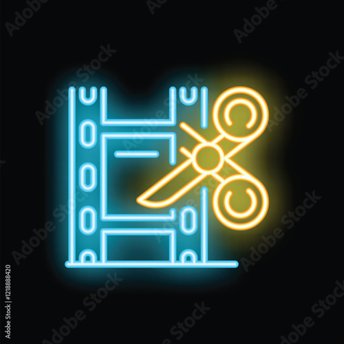 Glowing neon line icon of scissors cutting a film strip, representing video editing and content creation