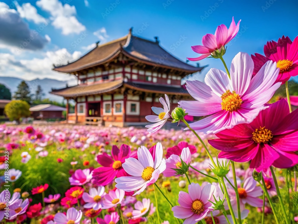 Cosmos at Hannyaji Temple, Nara, Japan - AI Photorealistic Landscape Cosmos at Hannyaji Temple, Nara, Japan - AI Photorealistic Landscape