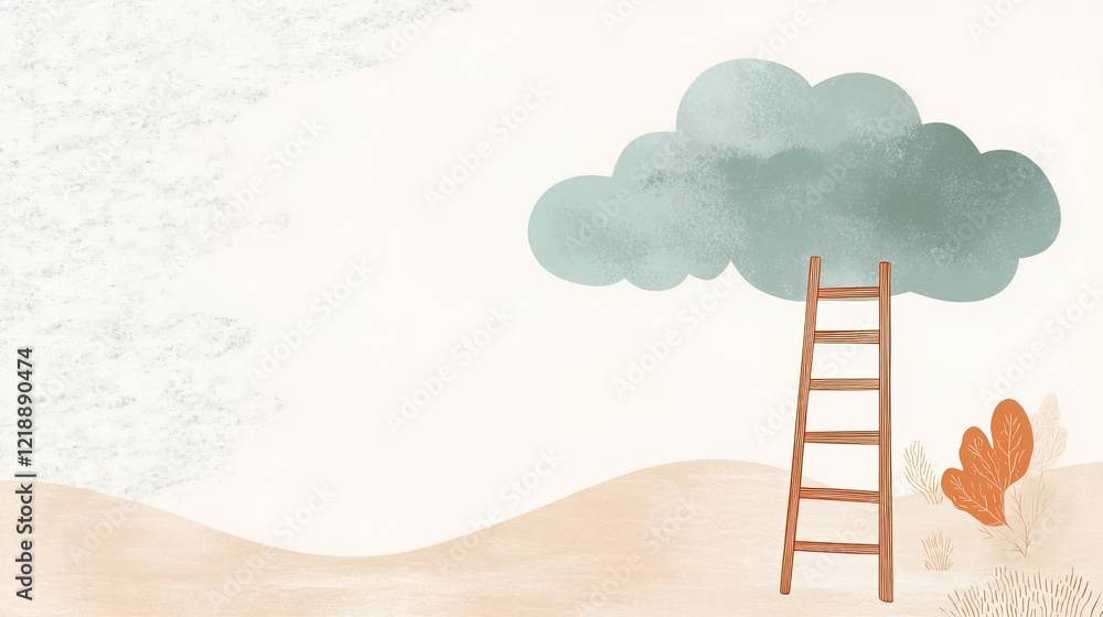 Creative mural with wooden ladder reaching towards a cloud in a minimalist landscape Creative mural with wooden ladder reaching towards a cloud in a minimalist landscape