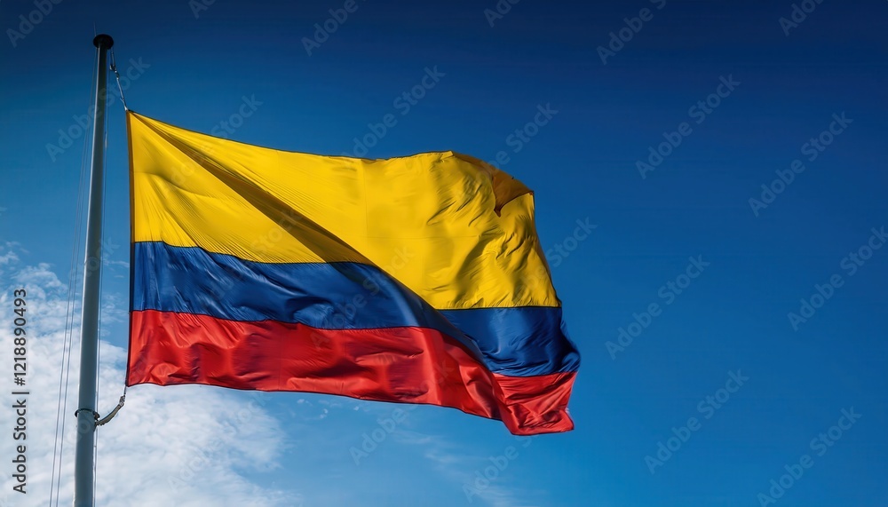 A vibrant Colombian flag flutters proudly on a pole, set against a brilliant blue sky. The colors reflect the spirit of the nation, representing unity and diversity in Colombia A vibrant Colombian flag flutters proudly on a pole, set against a brilliant blue sky. The colors reflect the spirit of the nation, representing unity and diversity in Colombia