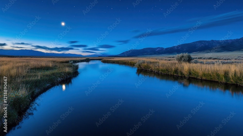 Fototapeta premium Serene Night in the Mountains: Moonlit River Landscape
