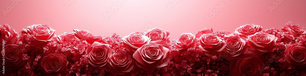 Fototapeta premium Red rose flowers on red colour background with copy space, Happy valentines day banner type image, Wedding and anniversary greeting background