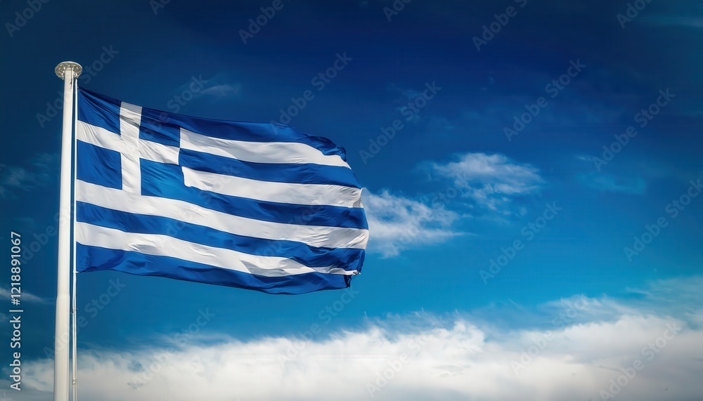 Obraz premium A vibrant flag of Greece flutters gracefully on a pole, set against a backdrop of a clear blue sky