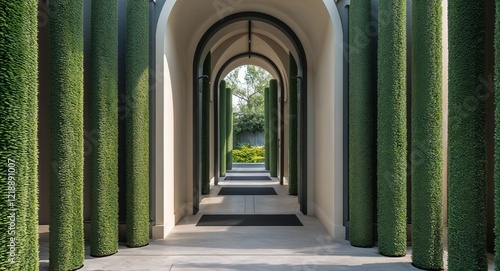 Vertical cylindrical bush patterns framing doorways or walkways aesthetically photo