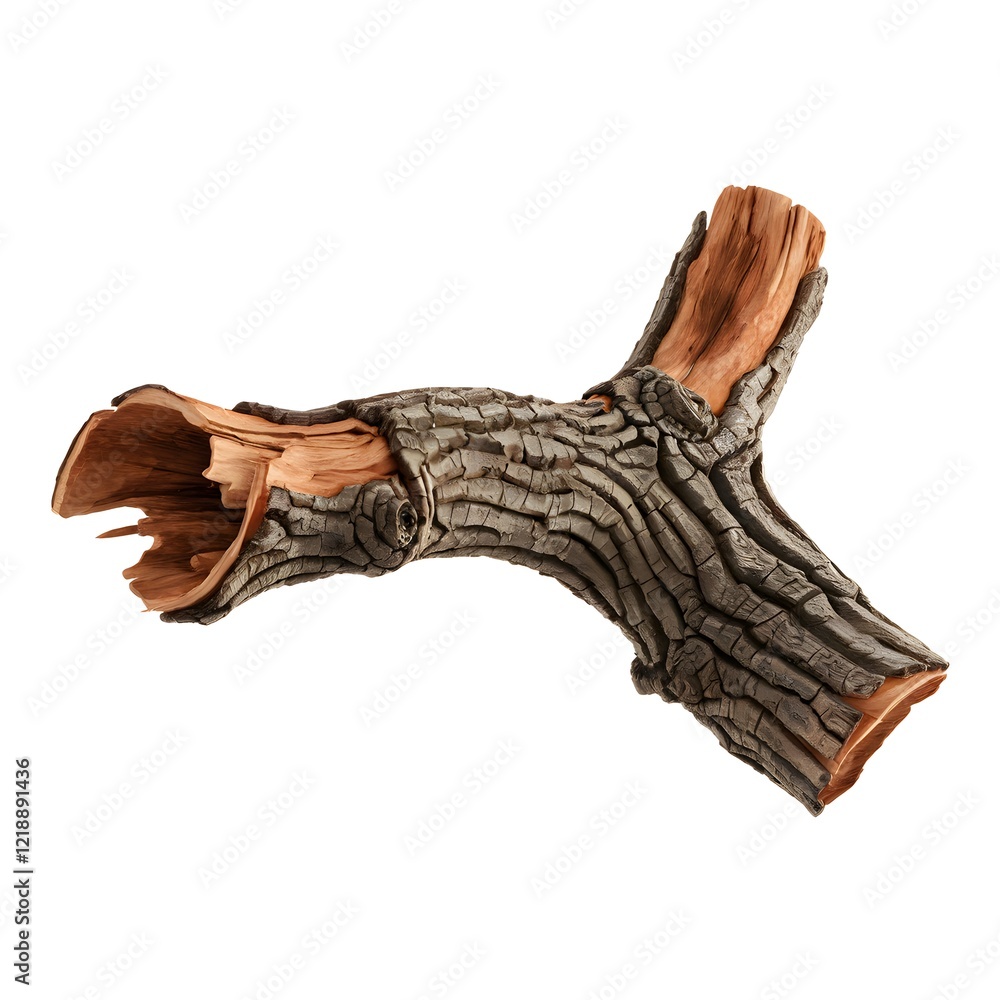 Broken Tree Branch with Rough Bark and Splintered Ends - Close-Up of Natural Wood Texture. Broken Tree Branch with Rough Bark and Splintered Ends - Close-Up of Natural Wood Texture.