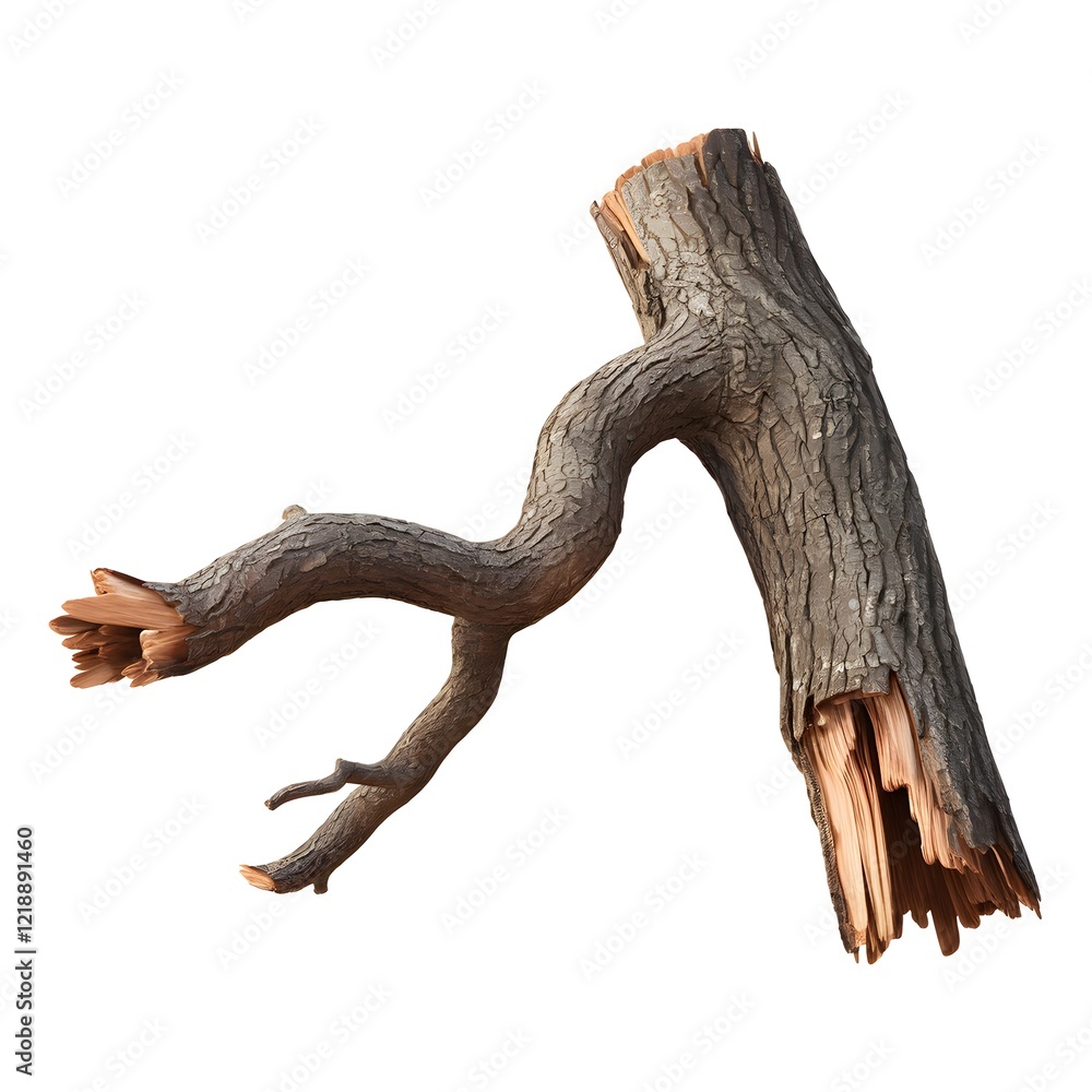 Broken Tree Branch with Rough Bark and Splintered Ends - Close-Up of Natural Wood Texture. Broken Tree Branch with Rough Bark and Splintered Ends - Close-Up of Natural Wood Texture.