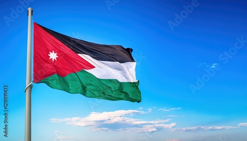 A vibrant flag of Jordan proudly waves atop a pole against an expansive blue sky