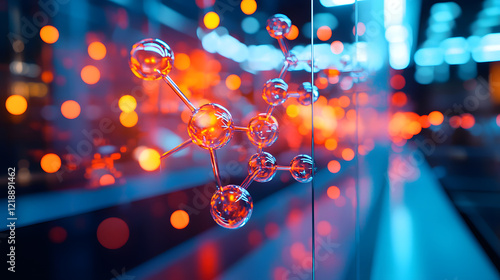 An illuminated molecular display in a high-tech science lab, with glowing elements casting vibrant reflections on glass surfaces, during an evening showcase