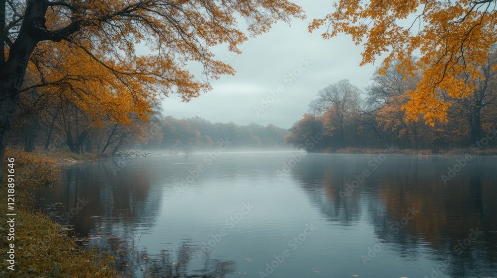 Obraz premium Serene Autumn River Reflections: Misty Morning by the Water
