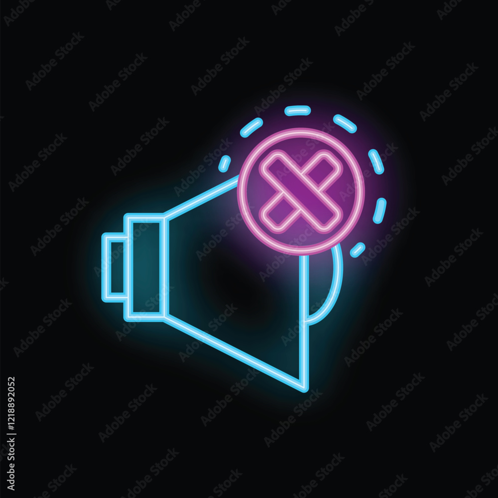 Neon icon of a muted megaphone glowing on a black background Neon icon of a muted megaphone glowing on a black background
