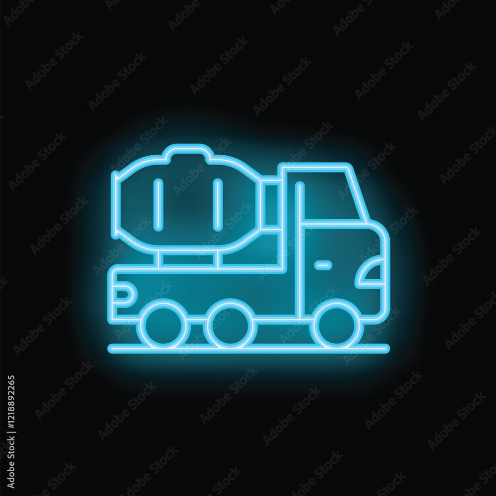 Blue neon icon of a concrete mixer truck glowing on a black background Blue neon icon of a concrete mixer truck glowing on a black background