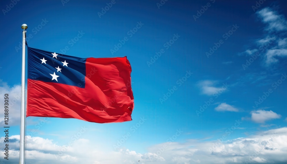Naklejka premium A striking flag of Samoa flutters confidently on a pole under an expansive blue sky, symbolizing national pride