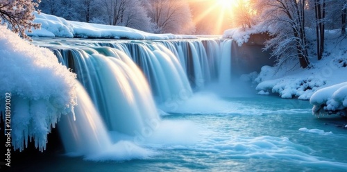 A frozen waterfall with ice crystals glistening in the sunlight, smooth, calm, peaceful photo