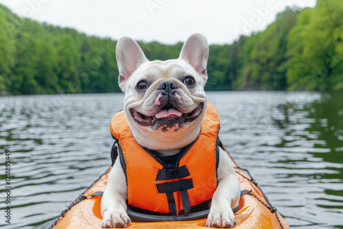 French bulldog wearing life jacket, enjoying kayak on lake surrounded by trees. This playful scene captures joy of outdoor adventures