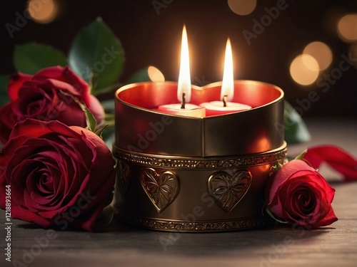 Romantic Chocolates in a Heart Box Surrounded by Roses and Candles for a Special Evening photo