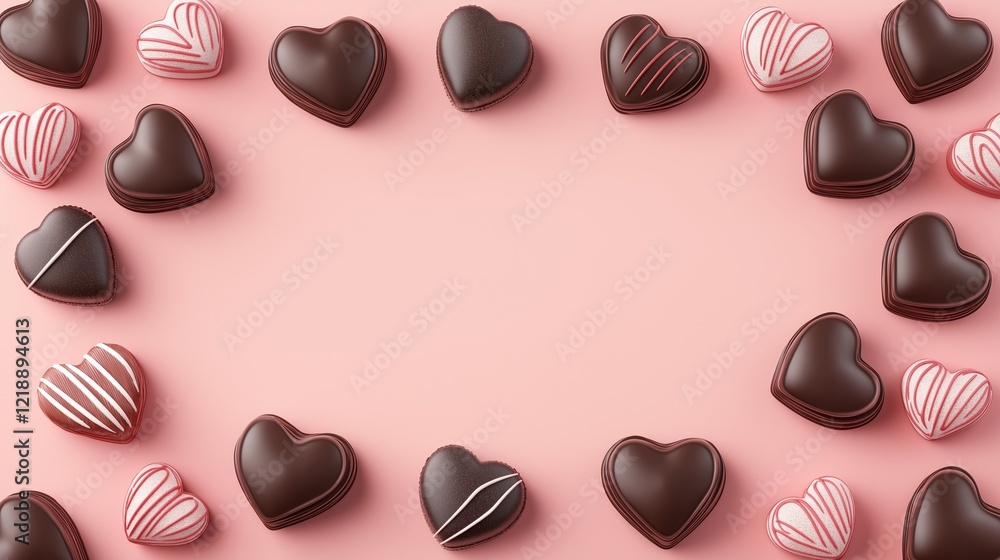 Fototapeta premium Valentine chocolate heart on rose petals, macro, still life.