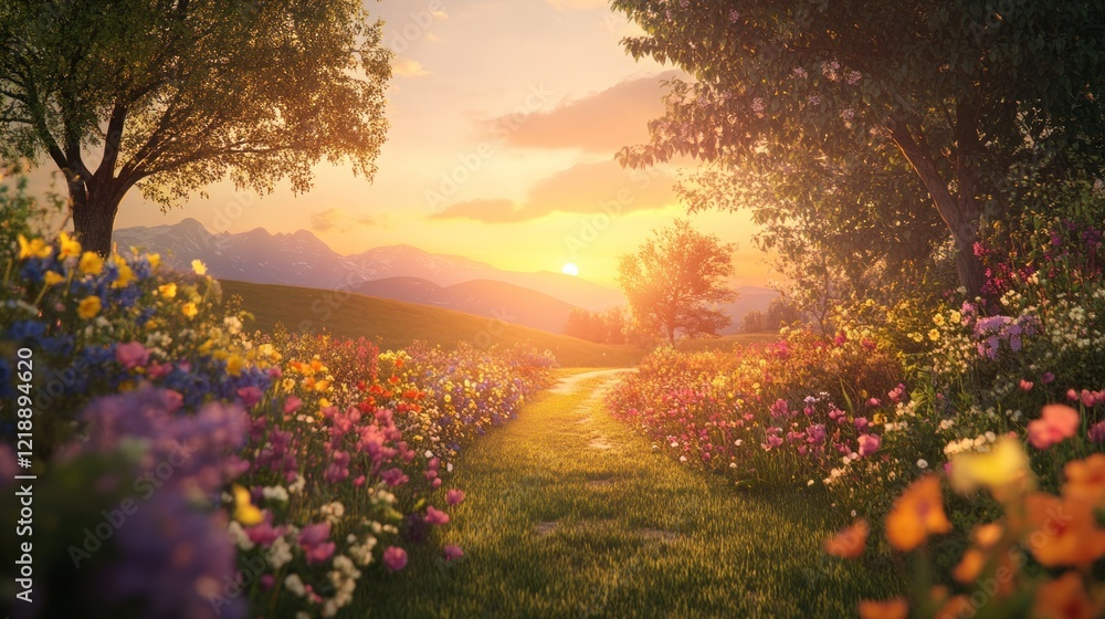 Serene Sunset Over a Flower-Lined Path Serene Sunset Over a Flower-Lined Path