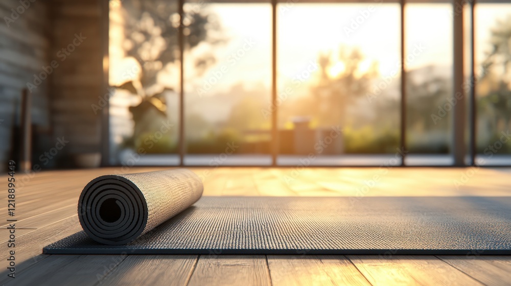 Serene Yoga Mat on Wooden Floor with Sunlight Streaming Through Large Windows Creating a Calm Atmosphere for Meditation and Exercise Serene Yoga Mat on Wooden Floor with Sunlight Streaming Through Large Windows Creating a Calm Atmosphere for Meditation and Exercise