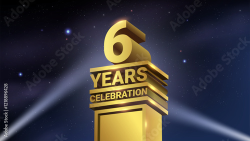 6th Years Celebration, 3D Gold Statue with Spotlights, Luxury Hollywood Light, Vector Illustration