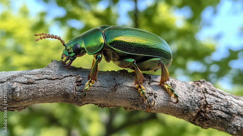 Naklejka premium Close up of a metallic green beetle resting on a tree branch with blurred background