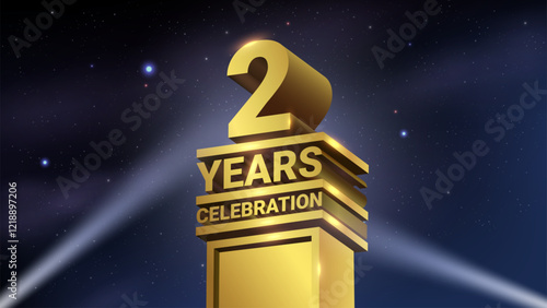 2nd Years Celebration, 3D Gold Statue with Spotlights, Luxury Hollywood Light, Vector Illustration