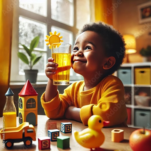 Yellow Child looking through yellow glass at a happy playdate photo