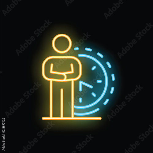 Neon sign of businessman waiting patiently with arms crossed and clock behind him