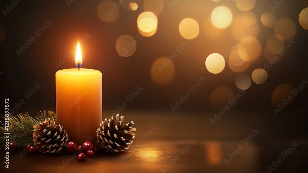 A candle is lit on the table, creating an atmosphere of warmth and romance for the Christmas dinner. The background features bokeh lights that add to the festive ambiance. A candle is lit on the table, creating an atmosphere of warmth and romance for the Christmas dinner. The background features bokeh lights that add to the festive ambiance.