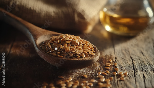 Brown flax seeds on a spoon and flaxseed oil