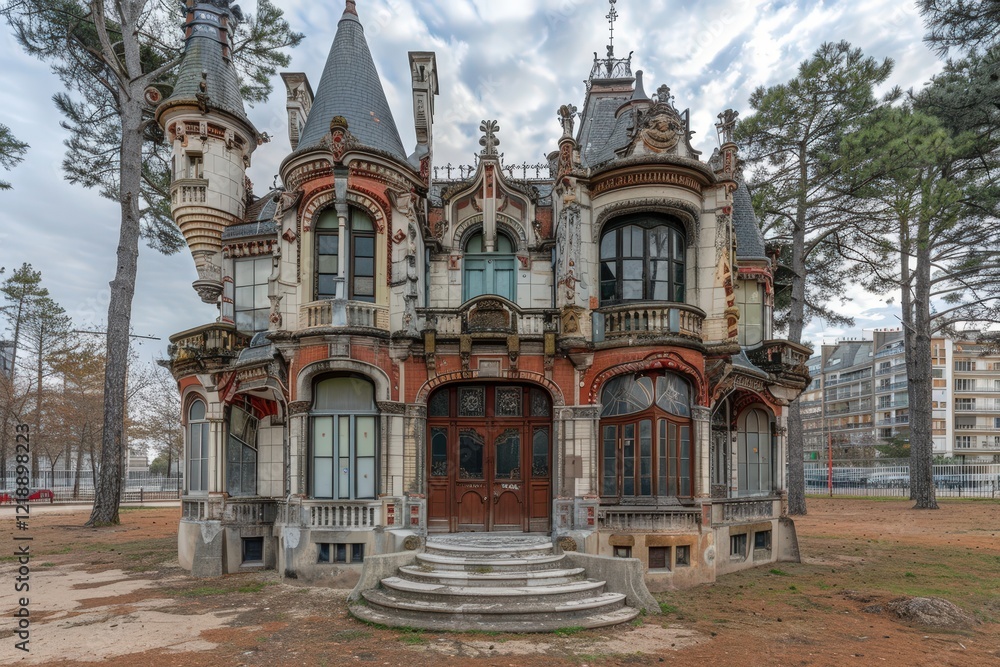 An ornate, historic mansion features intricate architecture, spires, and a lush surrounding landscape, showcasing a blend of elegance and decay. An ornate, historic mansion features intricate architecture, spires, and a lush surrounding landscape, showcasing a blend of elegance and decay.