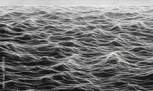 Abstract grayscale illustration of ocean waves, detailed texture, monochrome sea,  wireframe style,  undulating surface,  water pattern.