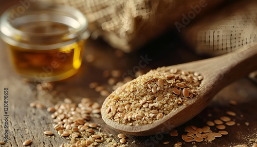Brown flax seeds on a spoon and flaxseed oil