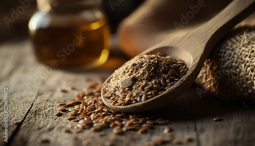 Brown flax seeds on a spoon and flaxseed oil
