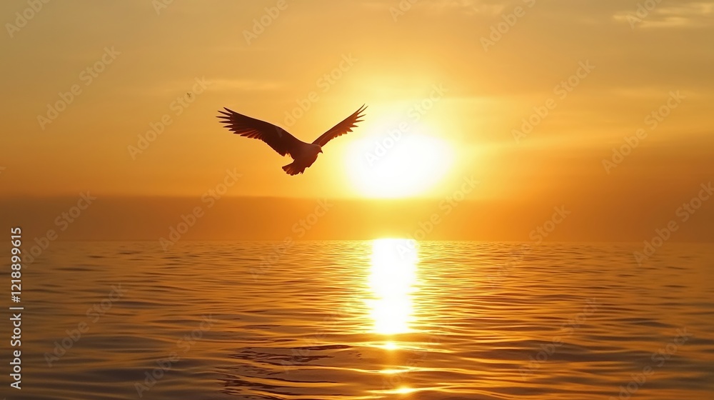 Majestic eagle soaring high in the sky against an orange sunset Majestic eagle soaring high in the sky against an orange sunset