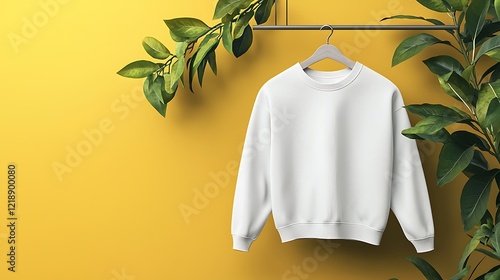 White Sweatshirt Mockup Hanging on a Hanger with Leaves  A blank white sweatshirt mockup on a hanger with soft, natural creases and leaves for a fresh, eco-friendly presentation. photo